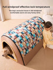Dog house with colorful pattern on a carpeted floor, with text about windproof and temperature features.