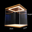Clear display case with wooden top and bottom, dimensions labeled, on a black background