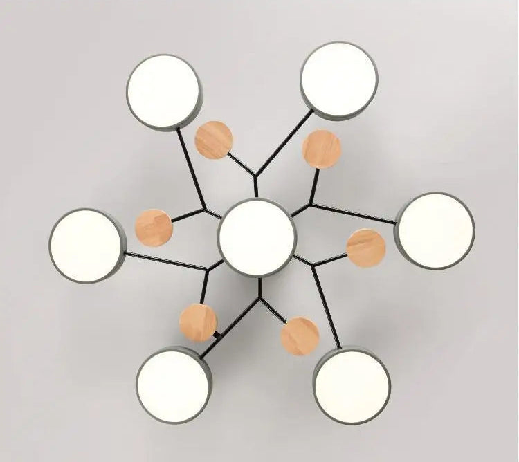Ceiling light fixture with multiple round lights and wooden accents on a gray background