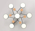 Ceiling light fixture with multiple round lights and wooden accents on a gray background