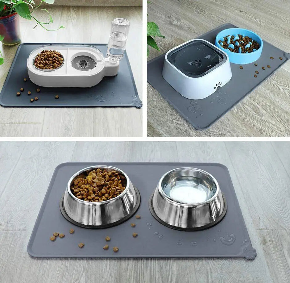 Pet feeding station with bowls and water dispenser on a mat.