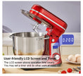 Red stand mixer with a digital timer on a kitchen counter