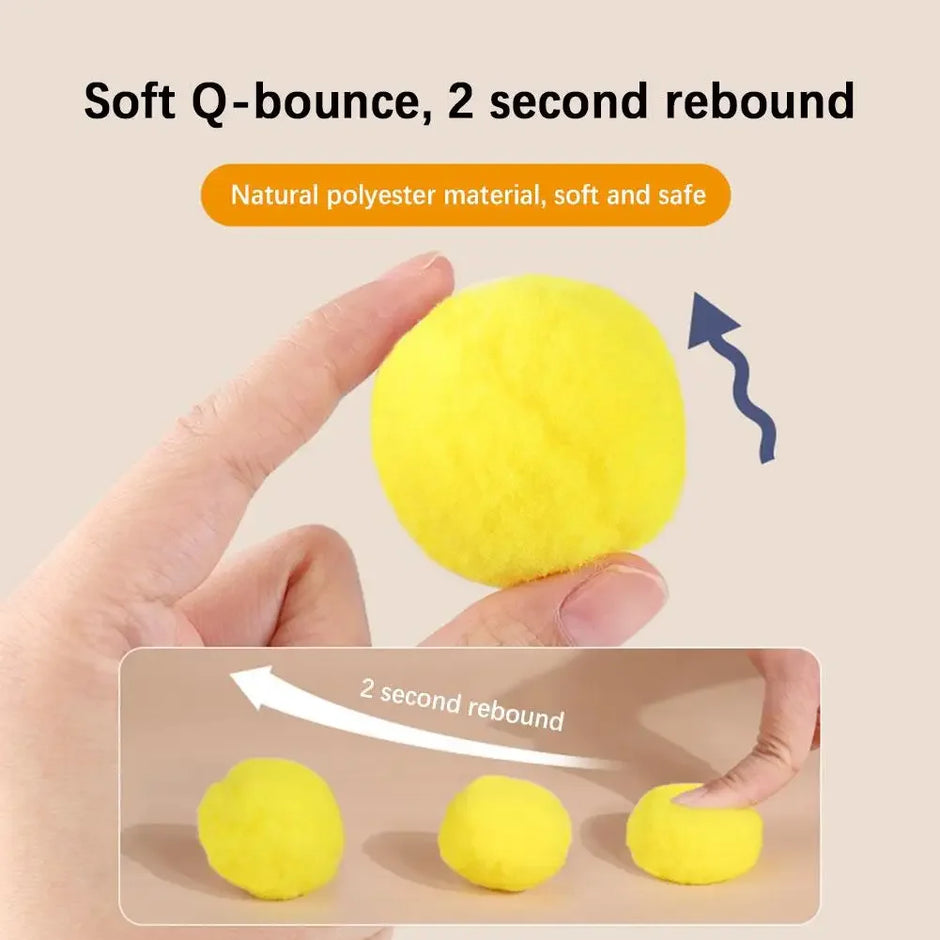 Yellow ball with text about soft Q-bounce and 2 second rebound on a beige background