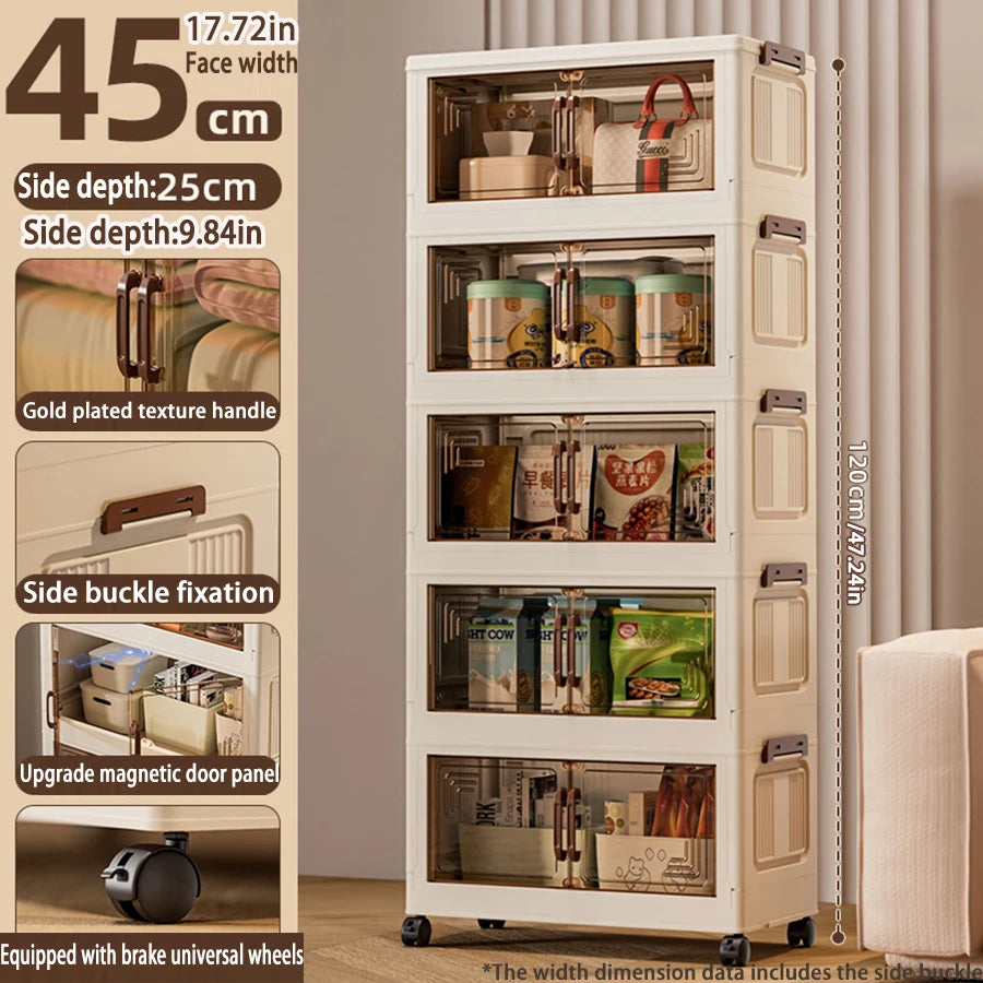 Storage cabinet with dimensions and features highlighted on a beige background