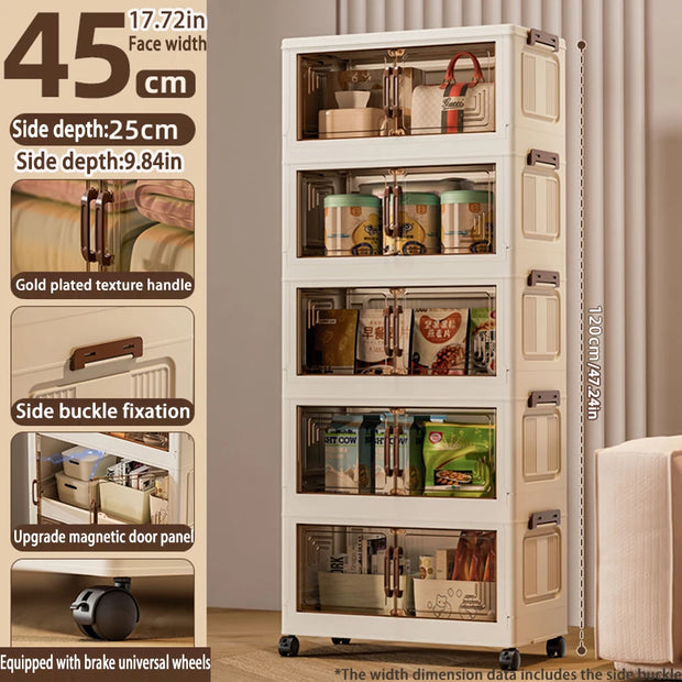 Storage cabinet with dimensions and features highlighted on a beige background