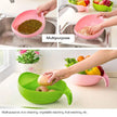 Collage of a pink and green multi-purpose kitchen tool being used for rice cleaning, vegetable washing, and fruit peeling.