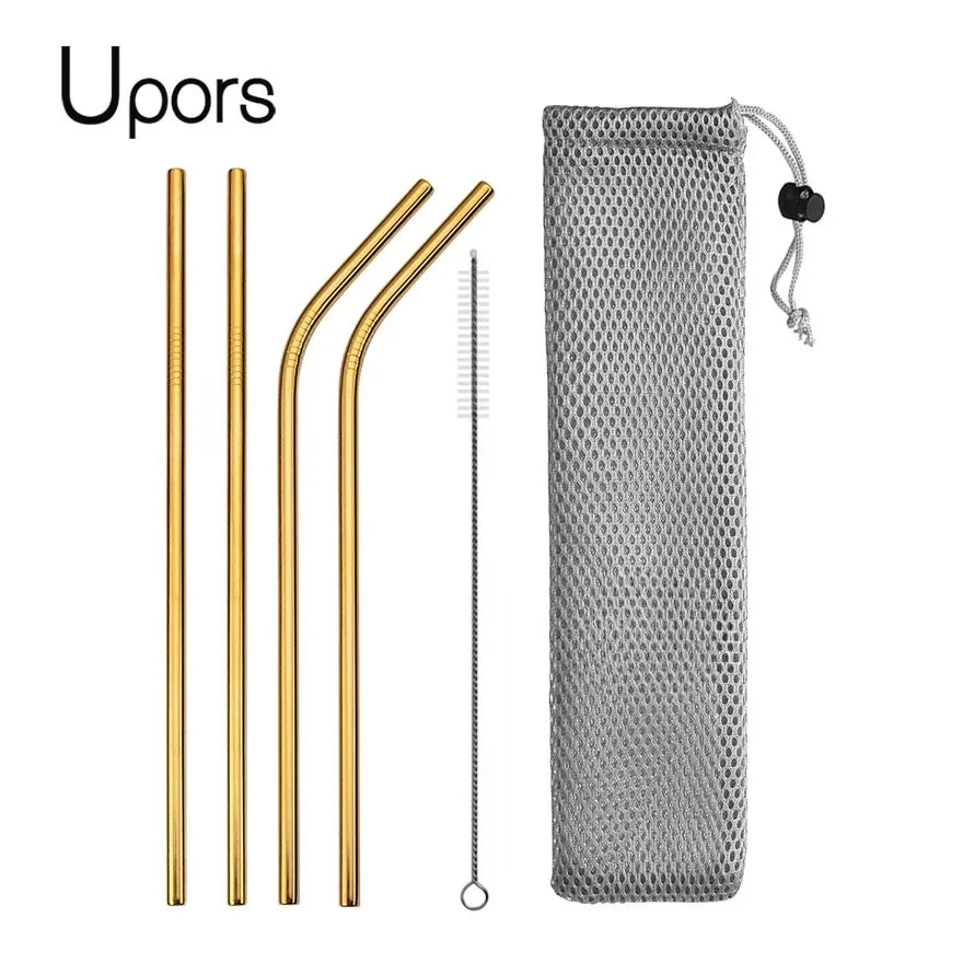 Set of gold metal straws with a cleaning brush and mesh pouch on a white background, branded 'Upors'.