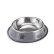 Stainless steel pet bowl with a gray rubber base on a white background