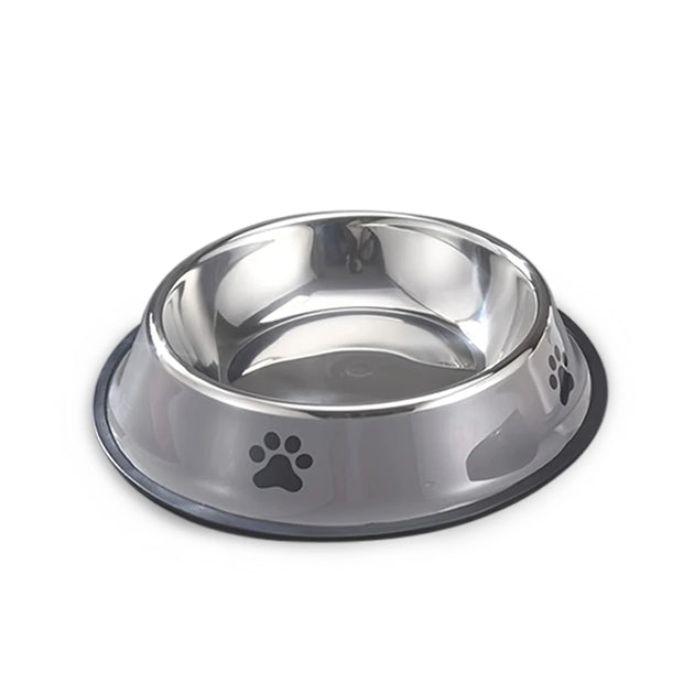 Stainless steel pet bowl with a gray rubber base on a white background