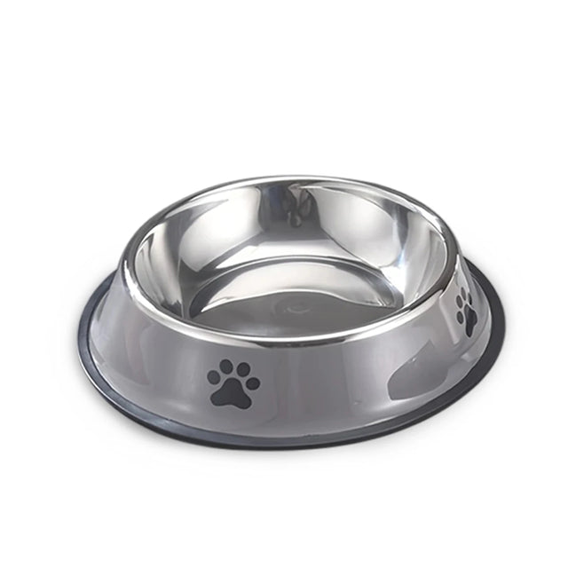 Stainless steel pet bowl with a gray rubber base on a white background