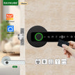 Digital door lock with a hand holding a key card, featuring Raykube, Tuya Smart, and Smart Life logos.