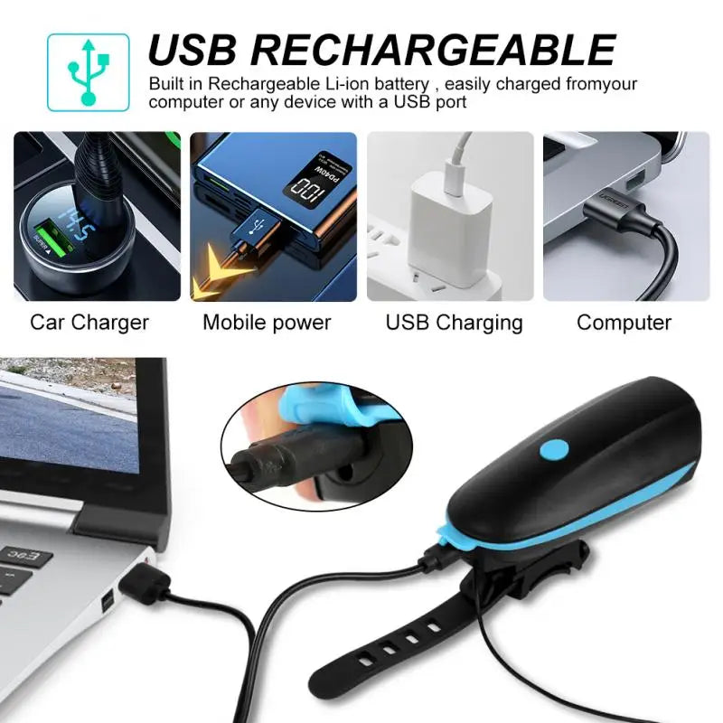 USB rechargeable device with various charging scenarios on a white background