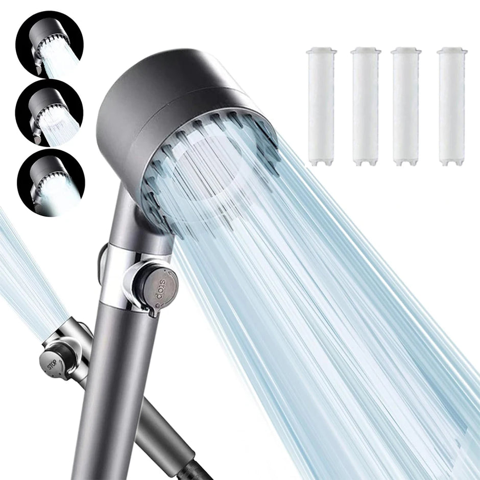 Shower head with water flow simulation, three black nozzles, and four white filters on a white background.