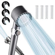 Shower head with water flow simulation, three black nozzles, and four white filters on a white background.