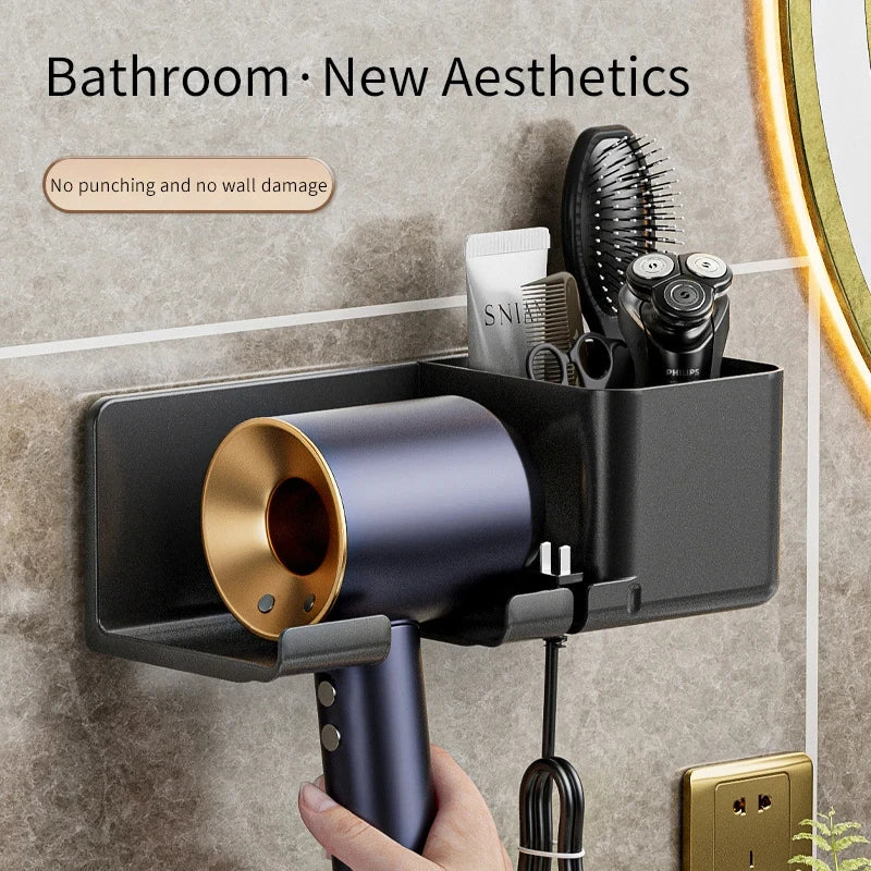 Bathroom wall organizer with hair dryer, brush, and other items on a textured wall.