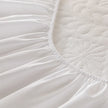 Close-up of a white fitted sheet on a mattress