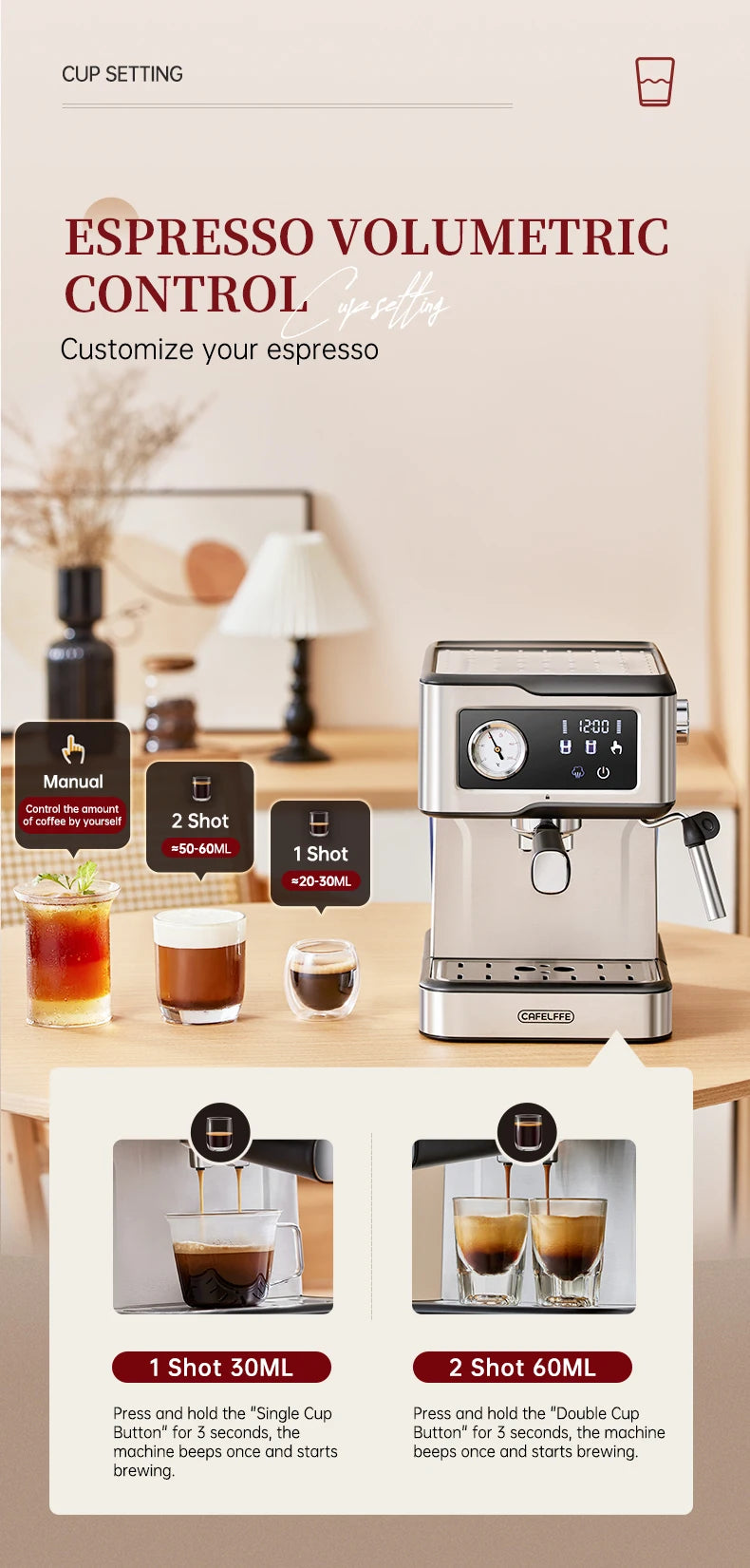 ماكينة إسبريسو Cafelffe شبه أوتوماتيكية – 20 بار، لوحة لمسية، ذراع بخار، 1.5 لتر
