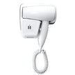 White wall-mounted hair dryer with coiled cord on a white background