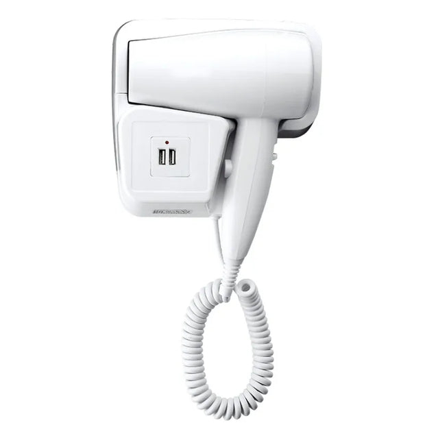 White wall-mounted hair dryer with coiled cord on a white background