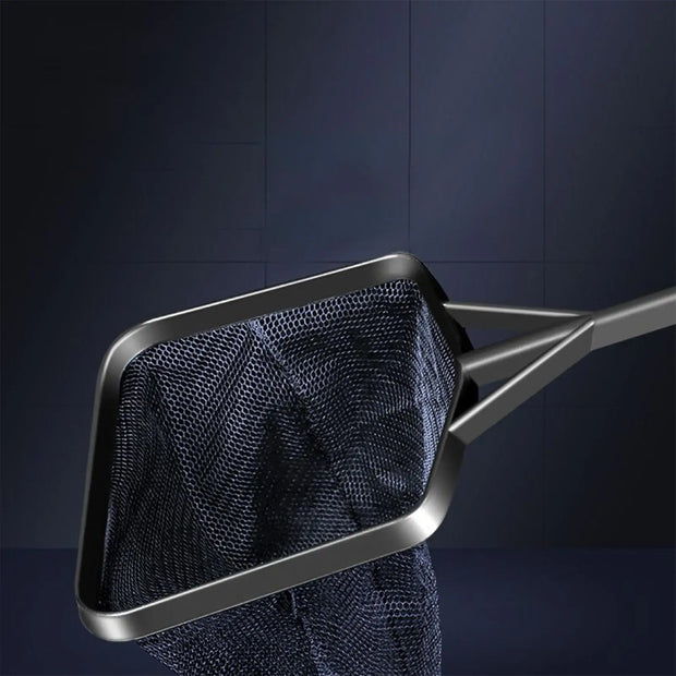 Metallic strainer with dark blue mesh on a dark background