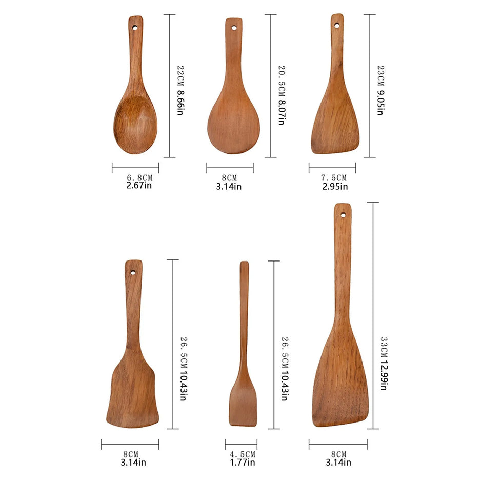 Set of wooden utensils with measurements on a white background