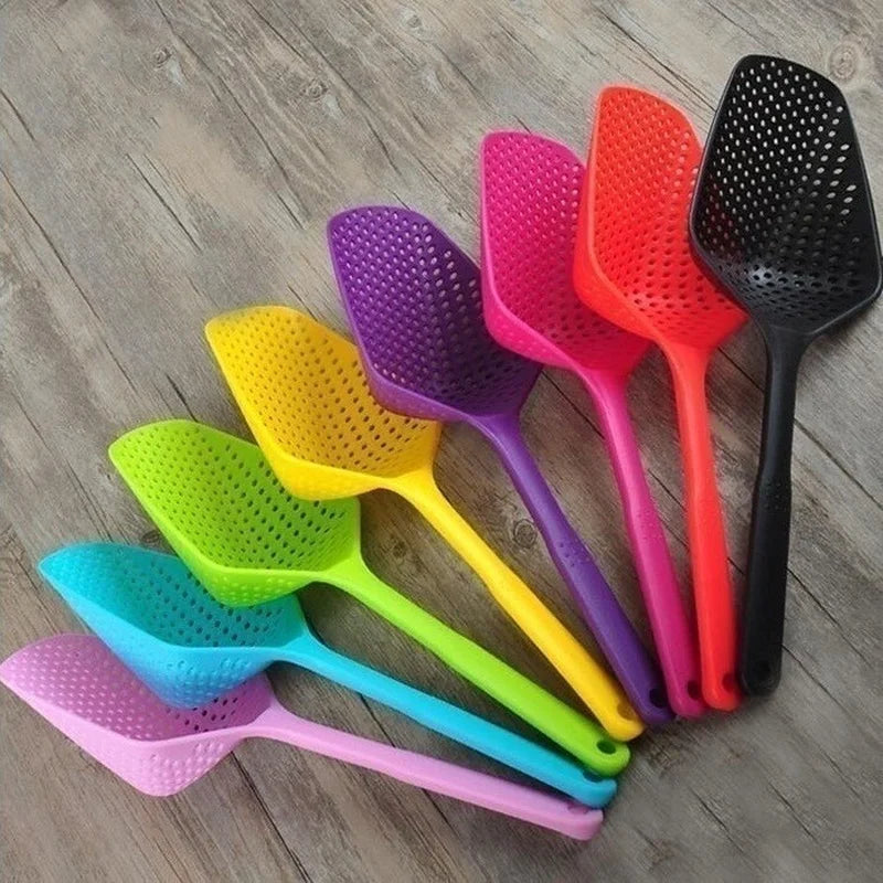 Colorful ladles arranged on a wooden surface