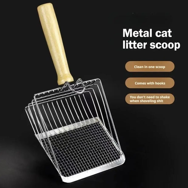 Metal cat litter scoop with wooden handle on a black background