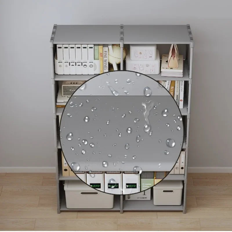 Bookshelf with a round mirror on top displaying water droplets.