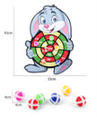 Children's dartboard with cartoon character design and measurement details on a white background
