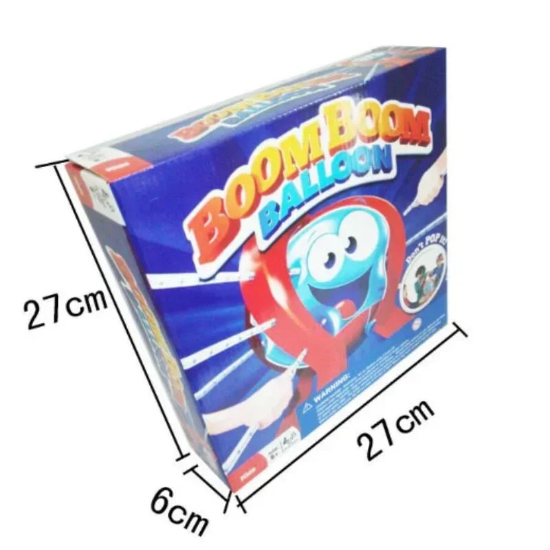 Box of 'Boom Boom Balloon' with dimensions labeled on a white background