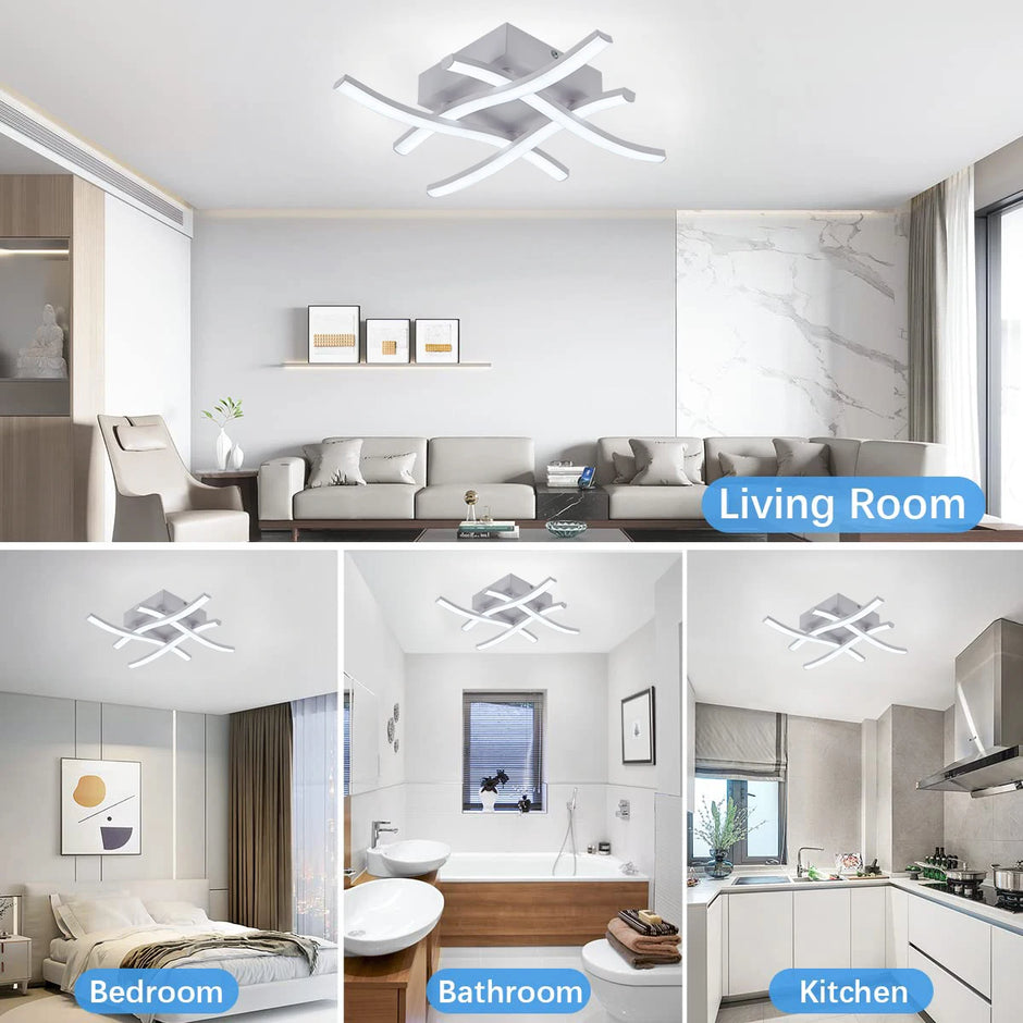 Collage of a modern living room, bedroom, bathroom, and kitchen with a ceiling light fixture.