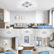 Collage of a modern living room, bedroom, bathroom, and kitchen with a ceiling light fixture.