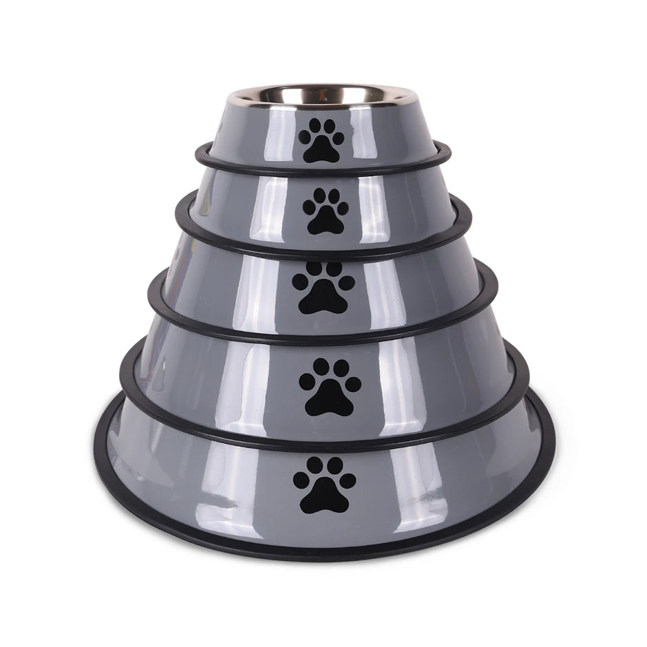 Set of three gray pet bowls with black paw prints on a white background