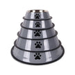 Set of three gray pet bowls with black paw prints on a white background