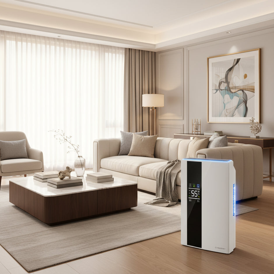 White electronic device with digital display in a room with shelves and clothes.