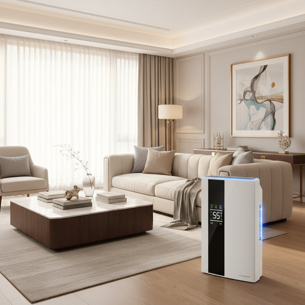 White electronic device with digital display in a room with shelves and clothes.