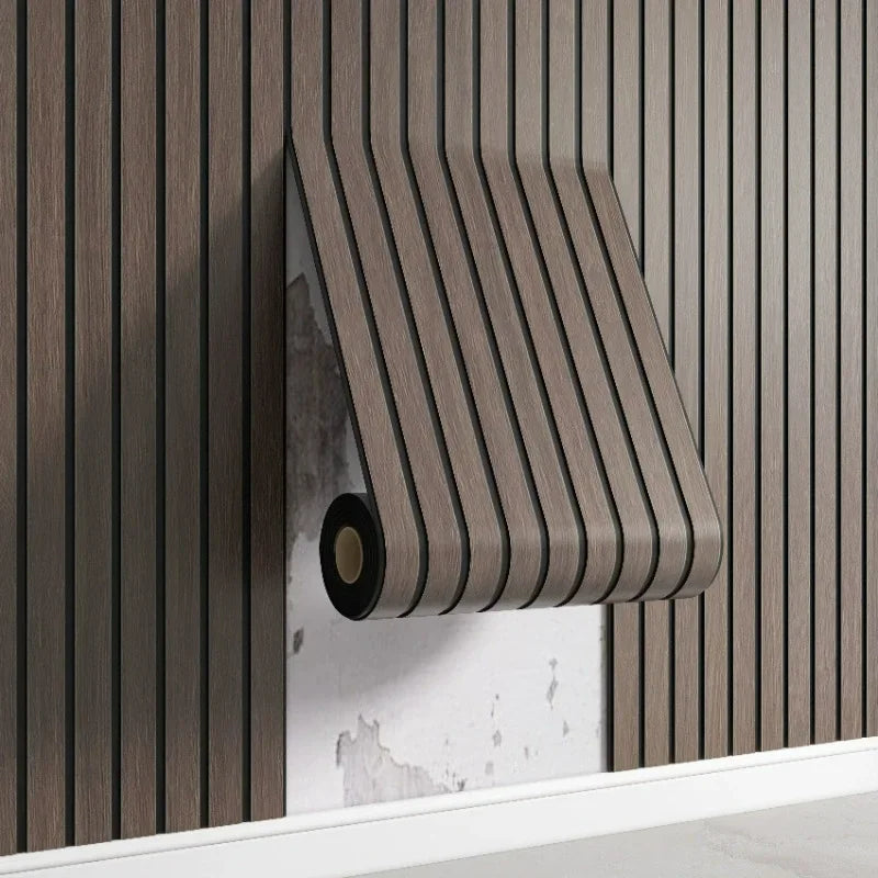 Wooden blind with slats on a striped wall