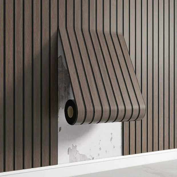 Wooden blind with slats on a striped wall