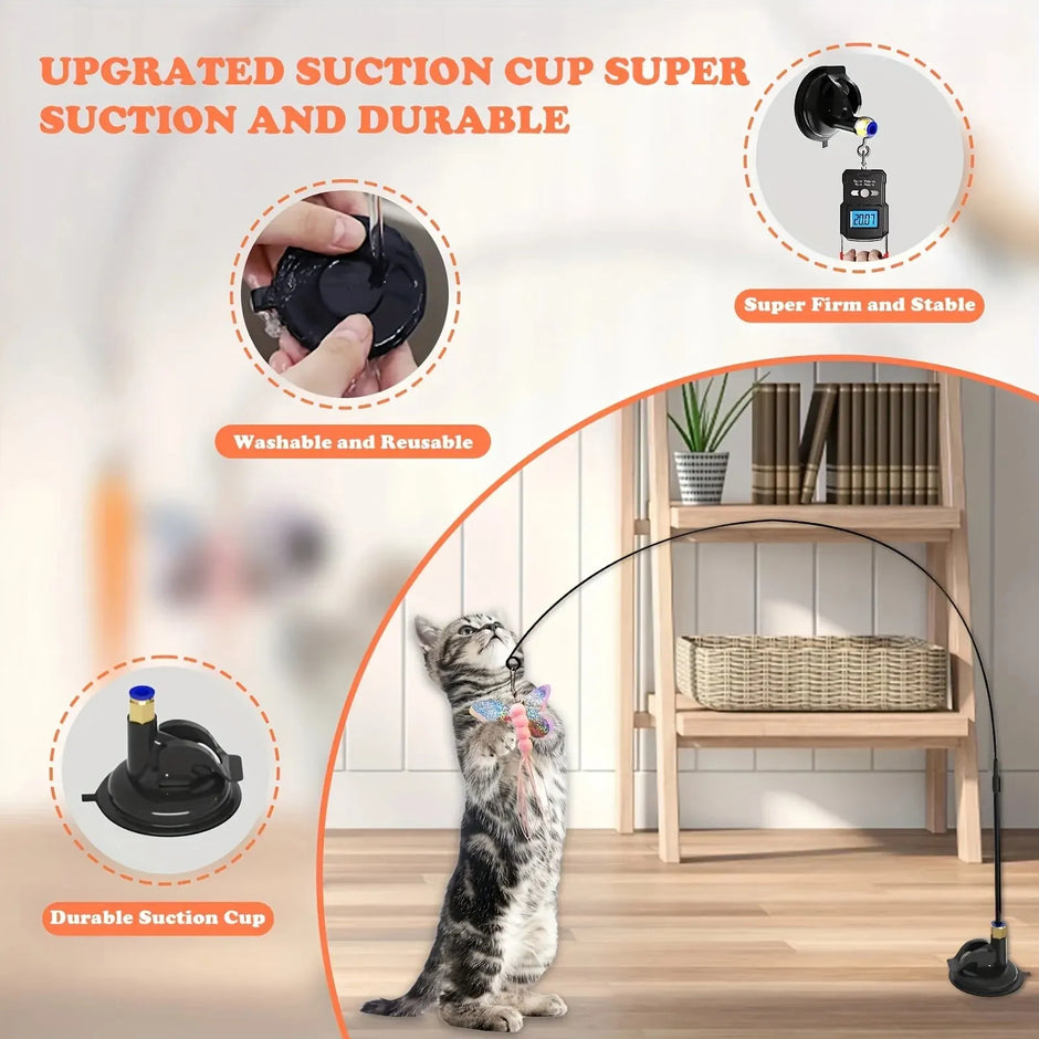 Cat using a black arch with upgraded suction cup feature, shown in a home setting.