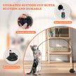 Cat using a black arch with upgraded suction cup feature, shown in a home setting.