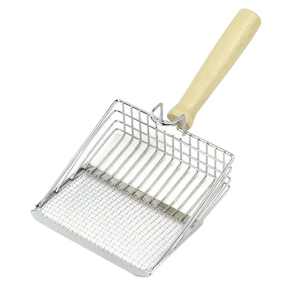 Metal mesh tool with a wooden handle on a white background