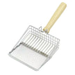 Metal mesh tool with a wooden handle on a white background