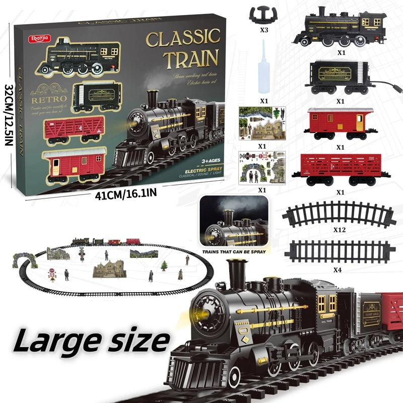 Toy train set with locomotive, cars, and tracks on a white background