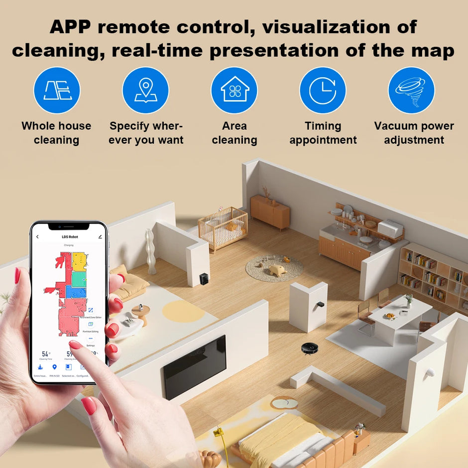 Smart home cleaning system with app control, visualization of cleaning, and real-time map presentation.