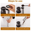 Step-by-step guide on using a manual coffee grinder with text overlay.
