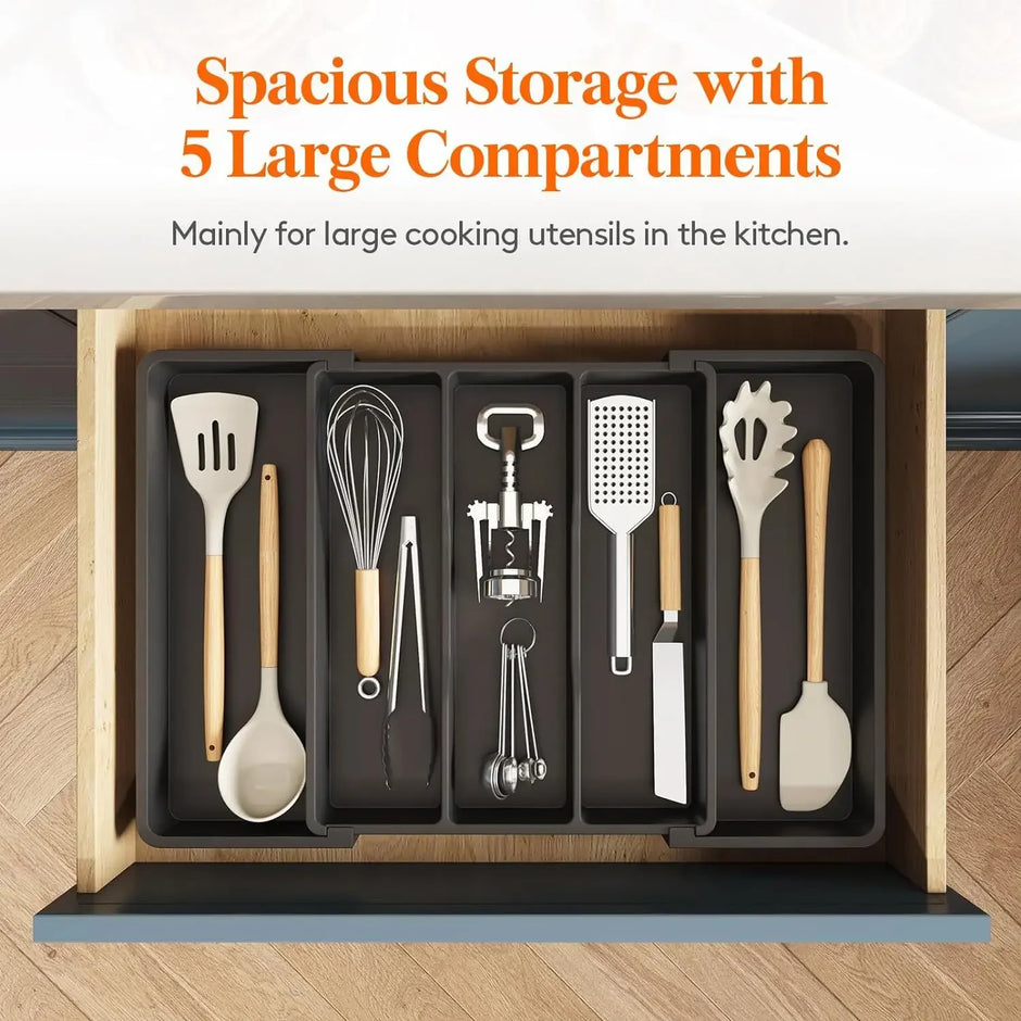 Kitchen drawer organizer with utensils and text about spacious storage capacity.