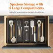Kitchen drawer organizer with utensils and text about spacious storage capacity.