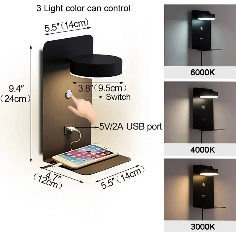 مصباح جداري LED Art Deco مع منفذ USB للشحن ومفتاح لمس – أسود وأبيض
