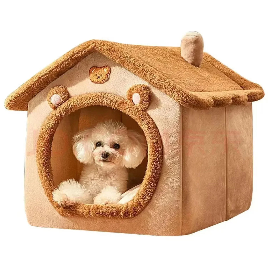 Small white dog inside a beige pet house with a teddy bear design on a white background