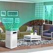 Air purifier in a living room with green energy effect